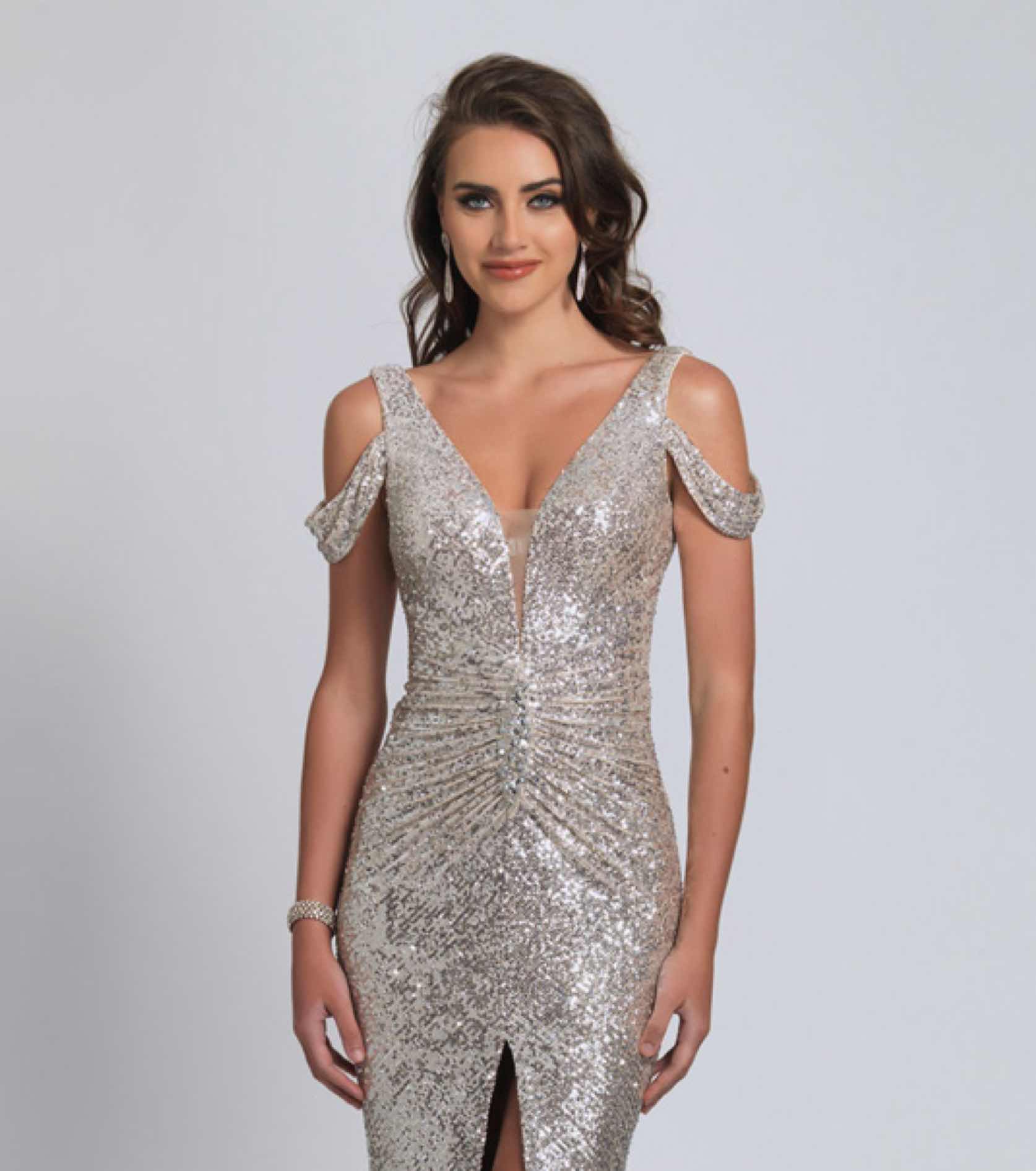 Model in silver sparkly Dave and Johnny dress